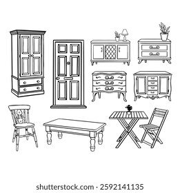Wooden home furniture line outline set, black monochrome vector