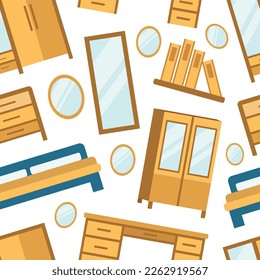 wooden home furniture, seamless pattern, front view.wardrobe, mirror, bookshelves, double bed, desk, bedside table. old, retro, comfortable furniture.