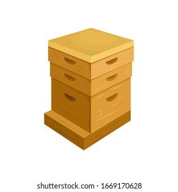 Wooden Honey beehive box isolated on white background. Vector illustration of Beekeeping equipment, Hive House Frame in cartoon flat style.