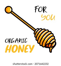 Wooden honey dipper, doodle style vector illustration of honey spoon isolated on white background. Transparent liquid golden colored honey dripping icon