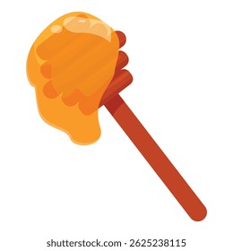 Wooden honey dipper is dripping with golden honey, showing the deliciousness and stickiness of the natural sweetener