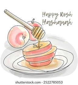 A wooden honey dipper drips honey onto sliced apples. Rosh Hashanah Symbols. Traditional Rosh Hashanah - vector illustration