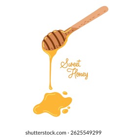 Wooden honey dipper drizzling sweet honey onto a surface with a cheerful inscription