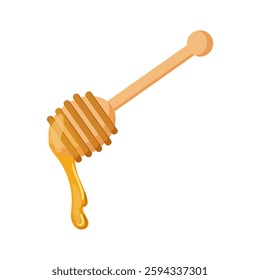  Wooden honey dipper with golden honey dripping, isolated on a white background.