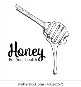 Wooden honey dipper, sketch style vector illustration isolated on white background. Transparent liquid golden colored honey dripping from a wooden dipper