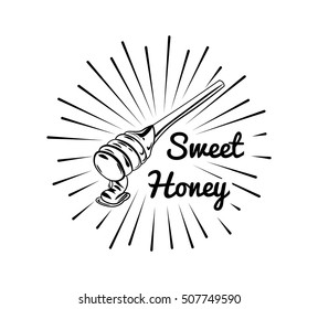 Wooden honey dipper, sketch style vector illustration isolated on white background. Sweet honey label, badge,