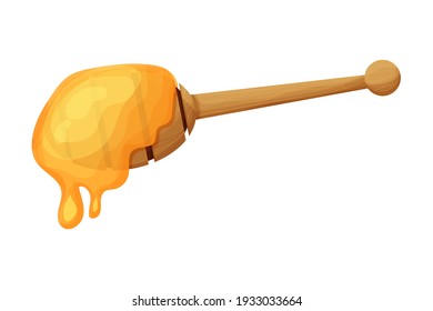 Wooden Honey dipper, spoon in cartoon style isolated on white background. Organic, natural food, ingredient. Beekeeping product.