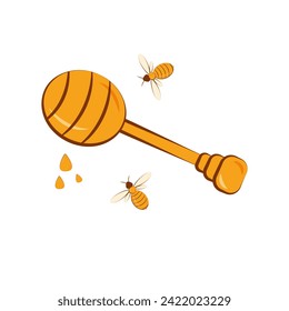 Wooden honey ladle, with honey and bees. Spoon with yellow drops of honey. Concept of beekeeping, agriculture, organic products. Vector illustration isolated on white background.