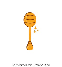Wooden honey ladle with honey dripping from it. Spoon with yellow drops of honey. Concept of beekeeping, farming, organic products. Vector illustration isolated on white background.