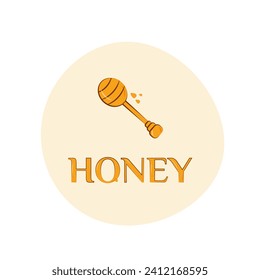 Wooden honey ladle with honey dripping from it. Spoon with yellow drops of honey, inscription: “Honey.” Vector concept of beekeeping, agriculture, organic products.