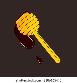Wooden honey spoon, honey dripping from a honey stick, honey image, cartoon-style vector illustration. On a dark background