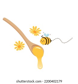 Wooden honey spoon, flower and bee cartoons isolated on white background vector illustration.
