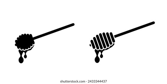 Wooden honey stick, honey dipper with dripping honey. Healthy food and diet concept. Honey spoon logo or icon. Of the beehive, honeycomb. chopsticks tools.