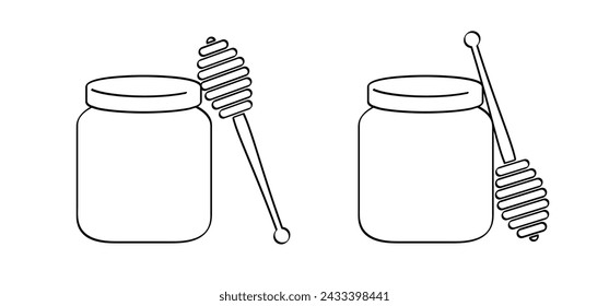 Wooden honey stick, honey dipper. Healthy food and diet concept. Honey spoon logo or icon. Of the beehive, honeycomb. honey pot or jar.