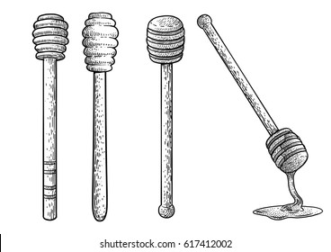 Wooden honey stick illustration, drawing, engraving, ink, line art, vector