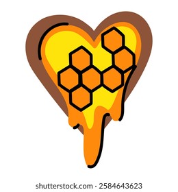 Wooden honeycomb frame with honey in the shape of a heart. tool for collecting honey from the hive. beehive pattern with honey diamonds. silhouette of honey sign, taste, ingredient. colored flat