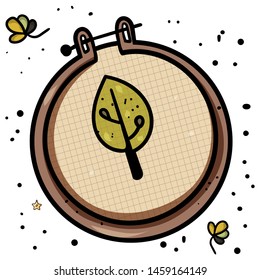 Wooden hoop with embroidery image of a tree. Handwork. Hyugge or Hygge comfort. - Vector. Vector illustration