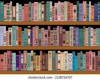 Librería horizontal de madera llena de libros de diferentes colores. Patrón sin foco. patrón para el concepto de biblioteca de educación y librería. Ilustración vectorial.
