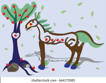 The wooden horse eats apples
