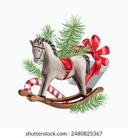 Caballo de madera, ramas de abeto, regalo, bastón de caramelo. Ilustración vectorial en estilo vintage. Año Nuevo, tarjetas de Navidad, invitaciones, Anuncios, carteles, etiquetas.