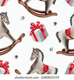 Wooden horse, gift, bells. Seamless pattern. Vector illustration in vintage style. New Year, Christmas cards, wrapping paper, boxes, textiles, covers.