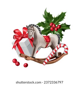 Wooden horse, holly, gift, candy cane. Vector illustration for New Year composition. Greeting cards, Christmas invitations, themed banners, flyers.
