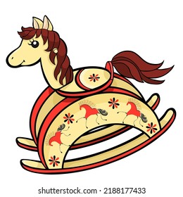 wooden horse with a seat and Mezen painting for children to ride. vector illustration