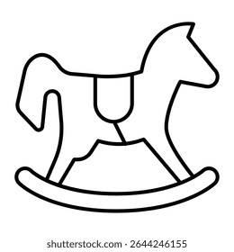 Wooden horse toy thin line icon, happy christmas concept. Vector graphics. Toy gift for children sign on white background, style mobile or design