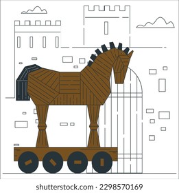 Wooden Horse, Trojan horse view. After the filming of the movie Troy,The wooden horse that was used as a prop was donated to the city. Trojan horse pop art retro vector svg