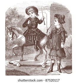 Wooden horse - Vintage engraved illustration - "La mode illustrée" by Firmin-Didot et Cie in 1882 France