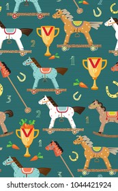 Wooden horses racing seamless pattern. Competition for the gold cup of carrot