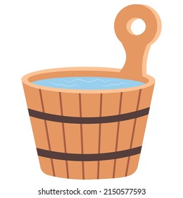 Wooden hot tub vector design illustration isolated on white background. Wooden bucket with water. Bath and sauna accessories