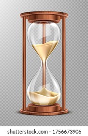 Wooden hourglass with falling sand isolated on transparent background. Ancient clock, symbol of patience and running time, retro glass watches with wood decoration, Realistic 3d vector illustration