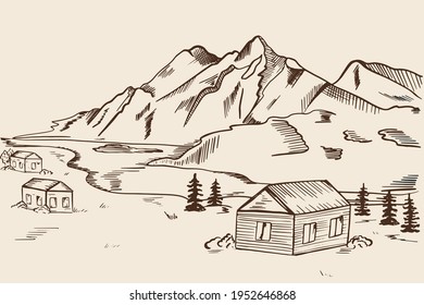 Wooden house against the backdrop of a mountain range. Mountain landscape with a river and a village. Mountain huts. Freehand drawing, vector.