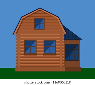 Wooden house with attic and blue roof
