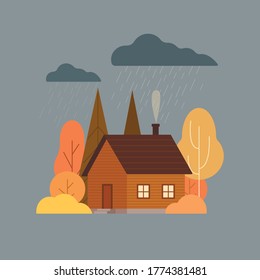 Wooden house in autumn forest in rainy day. Vector illustration in flat style