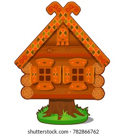 Wooden house of Baba Yaga isolated on white background. The character of Russian folk tales. Vector cartoon close-up illustration.