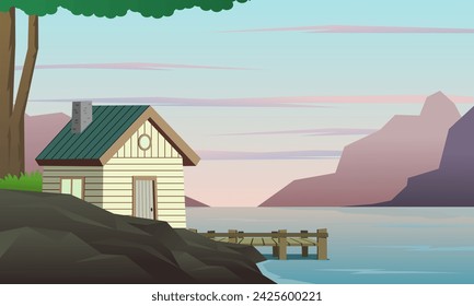 Wooden house with beautiful lake and mountain landscape. Countryside.