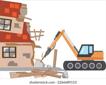 A wooden house is being dismantled with heavy machinery.