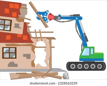 A wooden house is being dismantled with heavy machinery.