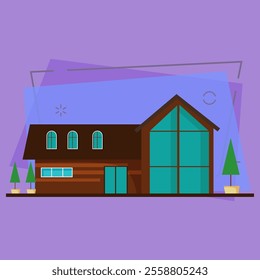 Wooden house with big panoramic window vector illustration. Cottage, villa, residential house. Suburban houses concept. Vector can be used for topics like architecture, construction, building