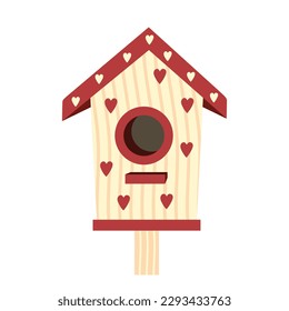 Wooden house of birds with hearts. Cute wooden birdhouse in flat illustration isolated on white background. Bird Day, Nature protection. Vector illustration