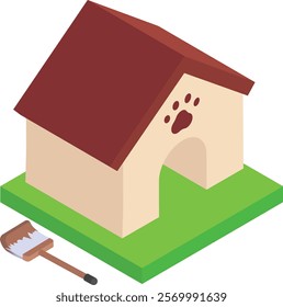 Wooden House with Bristle isometric flat concept, Pet Care Services Logo vector color icon design, Pet and Vet symbol, Animal Shelter sign, four legged friends stock illustration