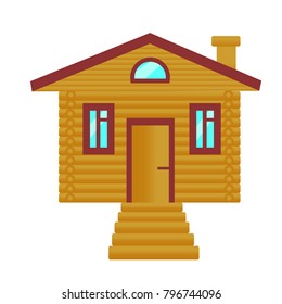 Wooden house of brown logs with a porch and red roof on a white background. Log house, cottage. Vector illustration.