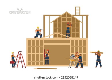 Wooden house build. Isolated industrial scene. Civil engineers at work. Construction job. Cartoon workers in orange uniform. Vector illustration