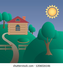 Wooden house by beautiful summer scenery. Colorful illustration