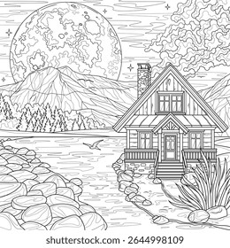 Wooden house by the lake and the full moon.Coloring book antistress for children and adults. Illustration isolated on white background.Zen-tangle style. Hand draw
