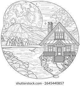 Wooden house by the lake and the full moon in a round frame.Coloring book antistress for children and adults. Illustration isolated on white background.Zen-tangle style. Hand draw