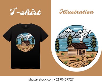 Wooden House by the Lake Hand Drawing Illustration vintage design. Perfect for tshirt, sticker, logo, and print design