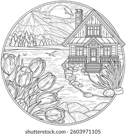 Wooden house by the lake and tulips in a round frame.Coloring book antistress for children and adults. Illustration isolated on white background.Zen-tangle style. Hand draw